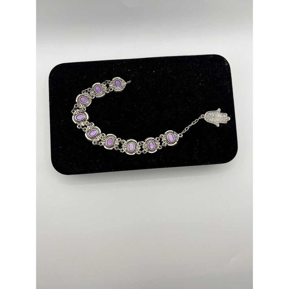 Vintage 1970's bracelet with Hamsa charm, rich purple glass inlays
